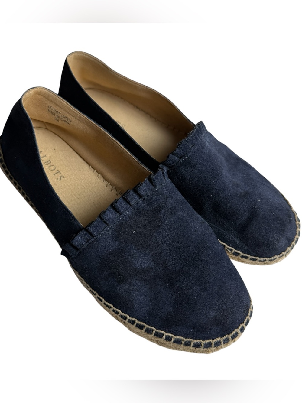 Talbots Slip On Flats Izzy Espadrille Womens SZ 9 Navy Blue Suede Leather Ruffle